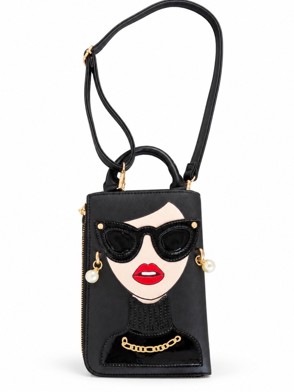 Black Novelty Crossbody Phone Wallet with Sunglass Lady Appliqué